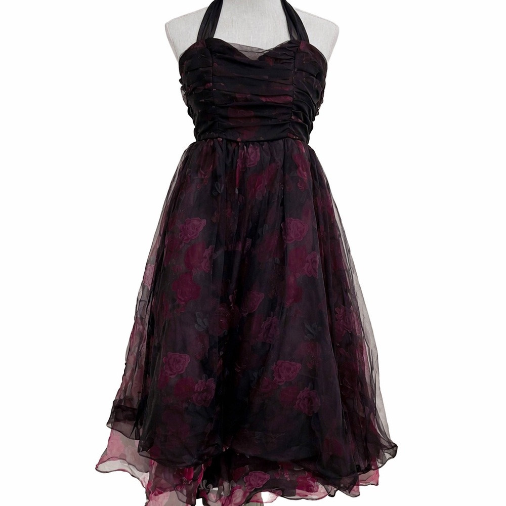 Lulus Black Burgundy Rose Floral Tulle Halter Cocktail Dress S